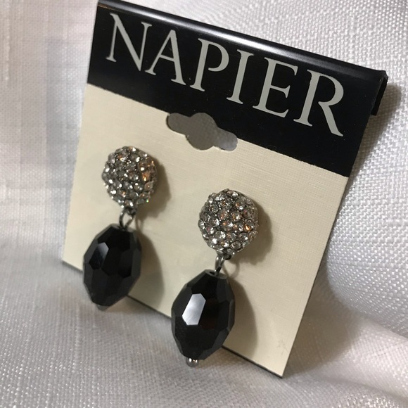 Napier Jewelry - Napier Pave drop earrings black bead. NWT silver